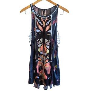 Size L Abstract Butterfly Print Silky High-Low Dress with Side Lattice Ties